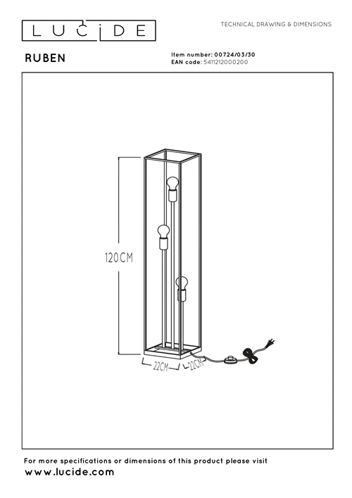 Lucide RUBEN - Vloerlamp - 3xE27 - Zwart - technisch